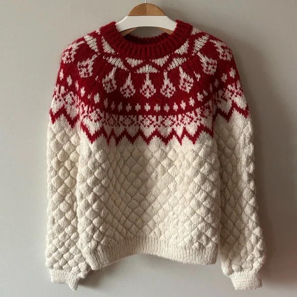 Zara Oversized Knit Jacquard Sweater Ivory Red Size Medium - Picture 5 of 16